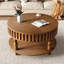 Table basse cannelée ronde de couleur brun rustique, compartiment rabattable et pieds en bois massif pour la table de salon, rangement caché, tablette inférieure ouverte