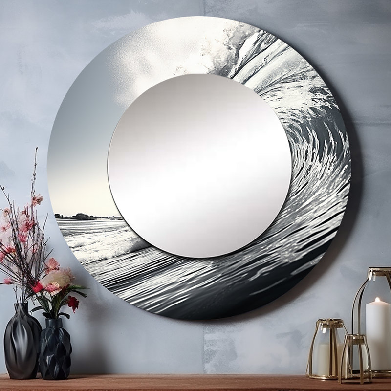 Samarion Black And White Wave Photo II - Beach Decorative Mirror, Gray Large Round Wall Mirror, Printed Metal Art, 23" x 23"