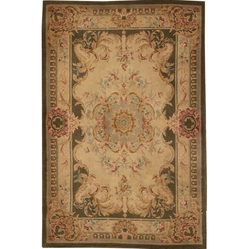 Tapis beige et vert olive de haute qualité noué à la main