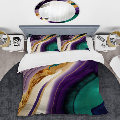 Mauve, vert et or Bold Strokes II - Ensemble de housse de couette abstrait - Microfibre de polyester