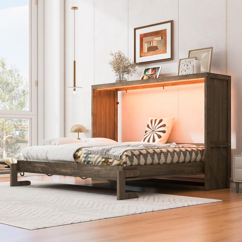 Grand lit escamotable avec lumière DEL, Brun