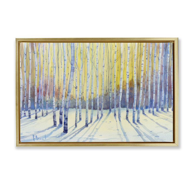 Cadre flottant Sunlit Winter Birch Trees, design par Paul Brent, H 21 po x l 31 po, Cadre flottant métallique doré