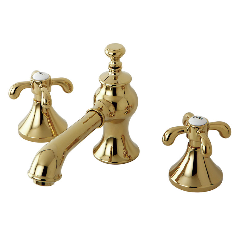 Kingston Brass French Country Two-Handle 3-Hole Deck Mount Widespread Bathroom Faucet with Brass Pop-Up Drain, Polished Brass