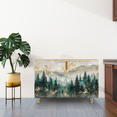 Sideboard Buffet Cabinet with Storage Ethereal Pine Trees Mountain with 2 Doors for Living Room and Kitchen