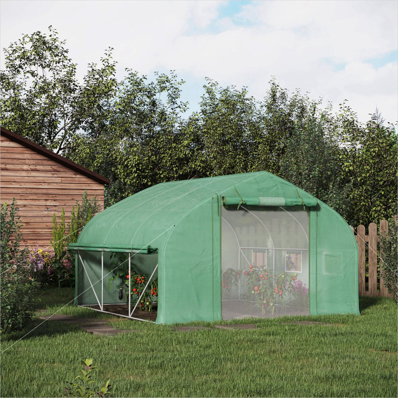 Serre de plain-pied de couleur vert sauge avec cadre en acier galvanisé et côtés enroulables, 11,5 pi x 10 pi x 6,5 pi