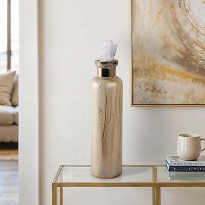 Decorative Crystal Accent Glass Vase for Table Home Decor - Modern Marbelized Flower Vase for Living Room Styling and Console Display - Gold & Metallic