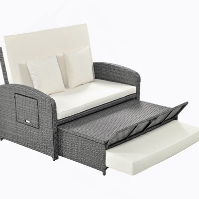 PE Wicker Rattan Double Chaise Lounge, 2-Person Reclining Sunbed With 3-Height Adjustable Back