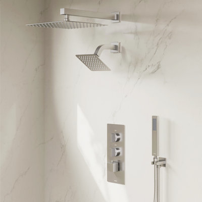 Ensemble de robinet de pomme de douche double 12 po et 6 po avec douchette combinée à main Rugen, système de douche à 3 fonctions avec pomme de douche à effet pluie, valve thermostatique incluse, luminaire de salle de bain