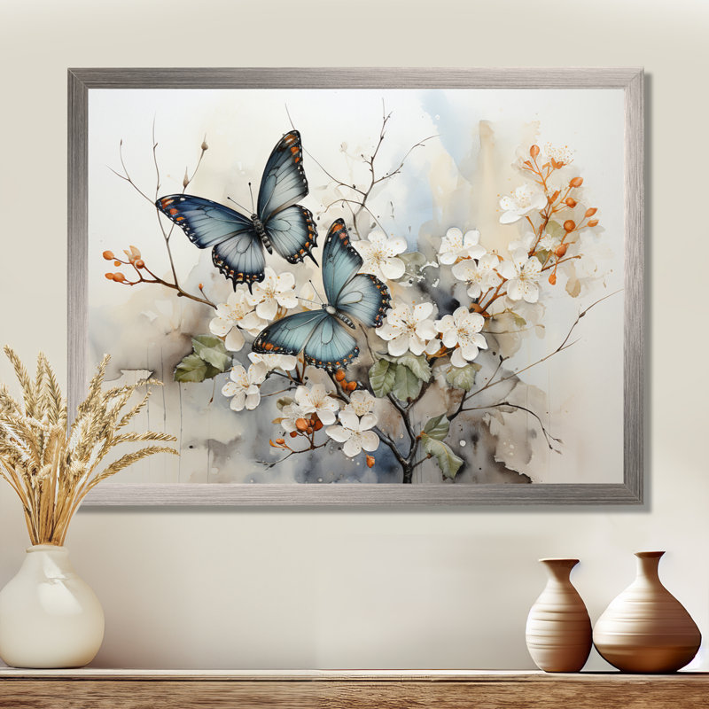 «Blue Blue Butterfly Glimpse Of Serendipity», art encadré papillon, H 30 po x l 40 po, Cadre photo unique, Doré