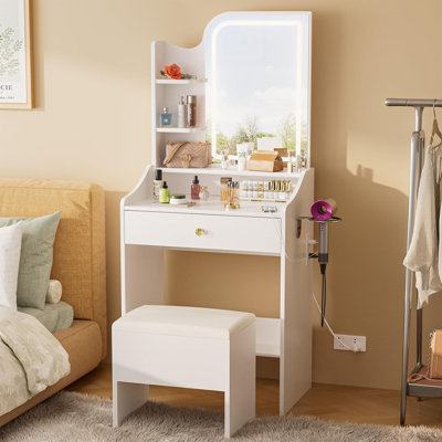 Vanity Table -LED Mirror, Makeup Vanity Desk Set - Charging Station, Storage Bench, Shelves Vanities