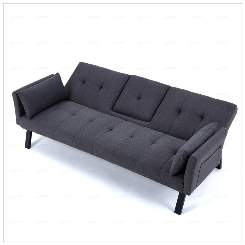70-inch Multi-functional Cotton and Linen Sofa Bed: Foldable, Cup Holder, Side Storage for Living Room and Bedroom, Dark Gray