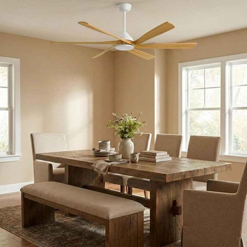 Ventilateur de plafond en bois massif à 6 pales Smart Modern avec télécommande, moteur à courant continu réversible et lumière DEL à intensité variable
