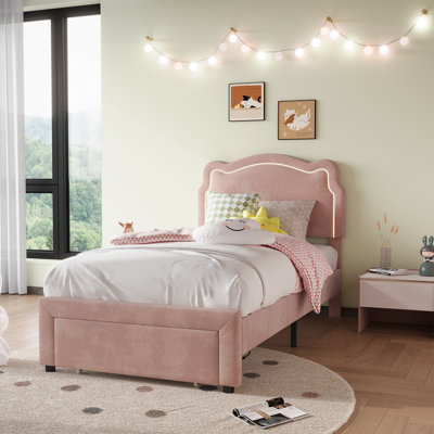 Structure de lit simple en velours simple avec tête de lit tapissier et support à lattes en bois, sans sommier tapissier, rose avec tiroir