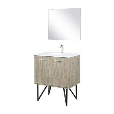 30 - Inch Rustic Bath Vanity With Long Lasting Scratch Proof Quartz Surface, Brushed Nickel Faucet And 28 Bathroom Mirror Wide Top, Included For Use