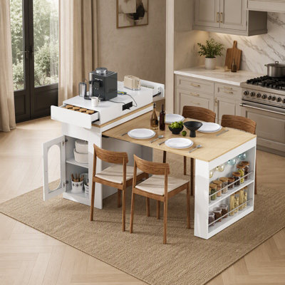 Extendable Dining Table with Folding Top, Bar Table with Drawers, Power Outlet, and Wheels, Ideal for Modern Kitchens and Dining Rooms