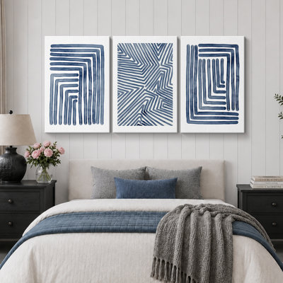Geometric Line "Navy Blue Stripe Abstract Artwork, Simple Modern Contemporary Bedroom Wall Pictures, Large Framed Canvas Giclee Print 3 Pieces Wall Art Set"
