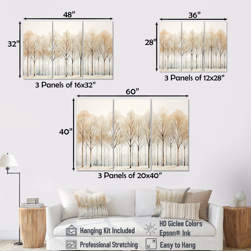 Forêt, arbres, minimalisme, ensemble d'art mural, H 28 po x l 36 po x P 1 po, Toile tendue