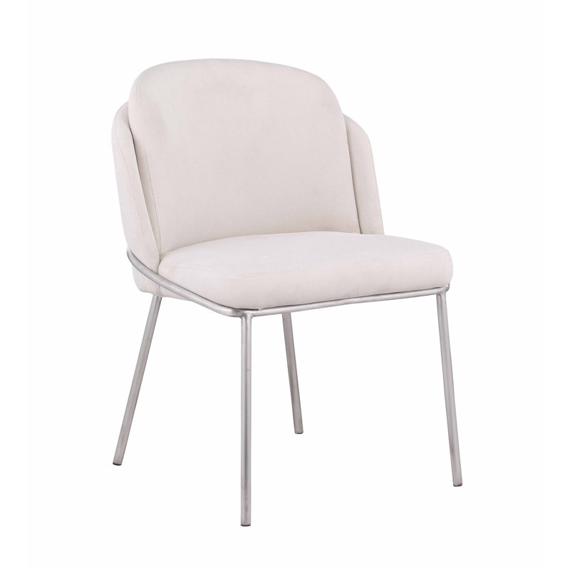 Kamila White Fabric Upholstered Side Chair with Brushed Stainless Steel Legs