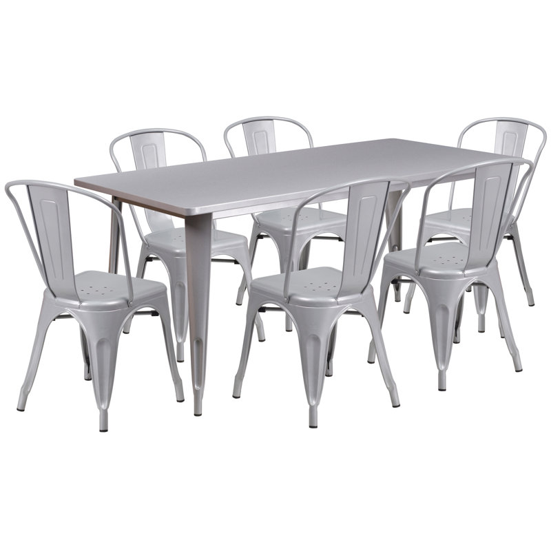 Metal Indoor-Outdoor Table Set, Silver, 7, 29.5"H x 31.5"W x 63"D