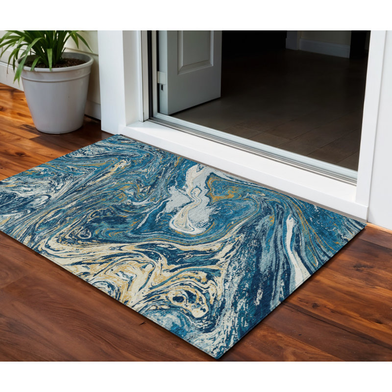 3' X 5' Navy Blue Gold And Ivory Abstract Washable Indoor Outdoor Area Rug