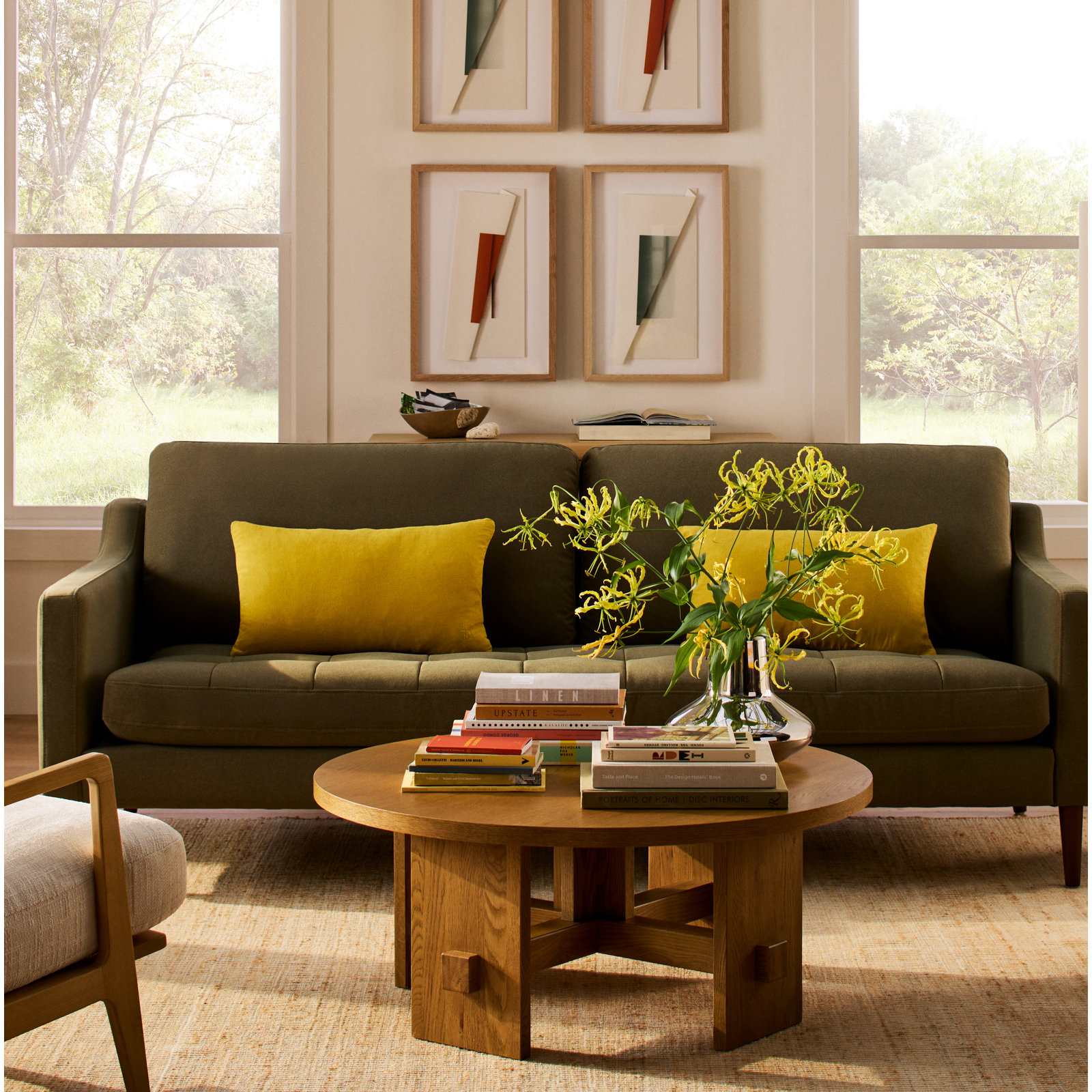 Simple Embroidered Linen Throw Pillow, Mustard, Rectangle 12" H x 22" W