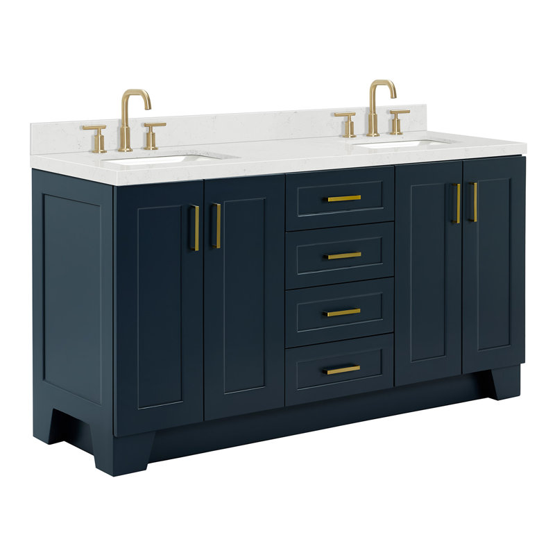 Meuble-lavabo double en bois massif Freitas, Forme rectangulaire, Bleu minuit, Quartz de Carrare