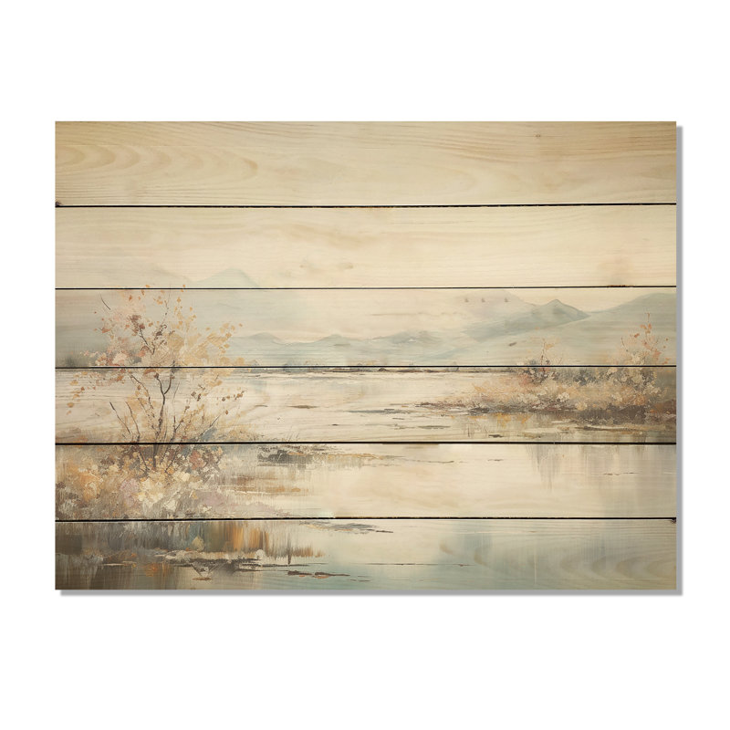 Paysage de montagne étang calme - Art sur bois de pin naturel, H 10 po x l 20 po