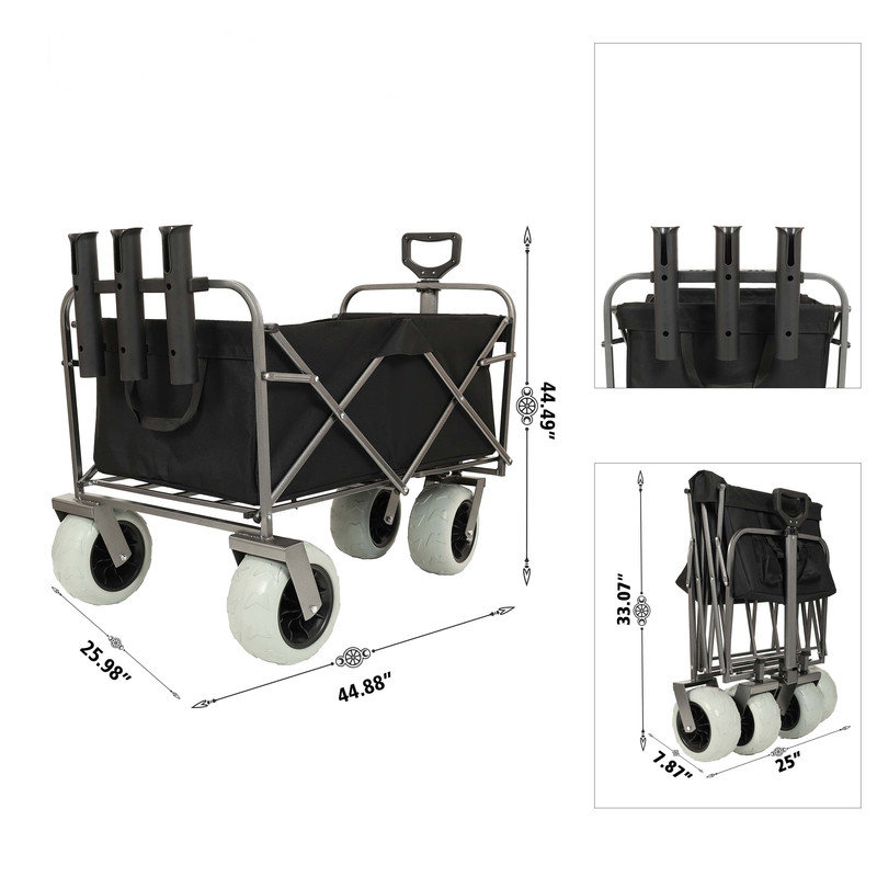 Beach Wagon with Big Wheels for Sand 500lbs capacity - All Terrain Steel Frame Utility Cart with 9" Pneumatic Tires, Collapsible Folding Design ,strap with multiuse bag ,black