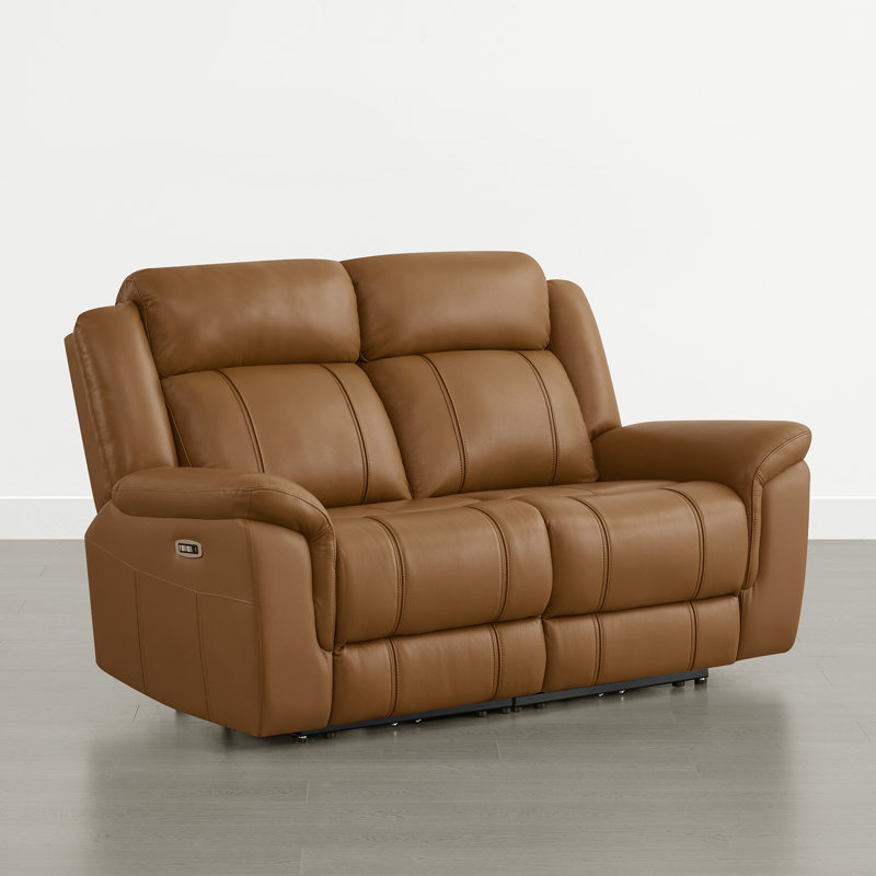 2-Seat Dual Motor zero clearence recliner Genuine Leather Power Recliner Sofa With Power Headrest, Saddle