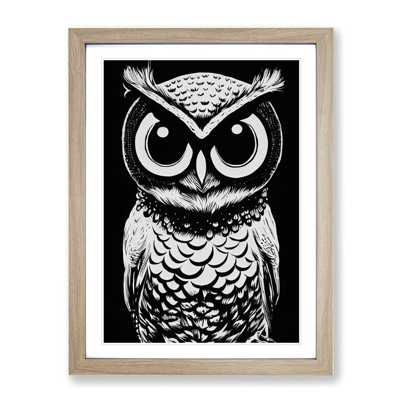 Monochrome Owl No.3 - Framed Print, 34cm H x 25cm W x 2cm D, Oak