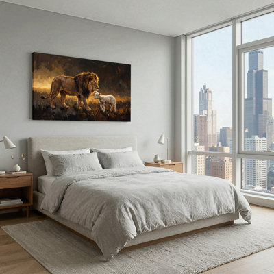 Lion and Lamb Standing in Warm Golden Light Canvas Wall Art