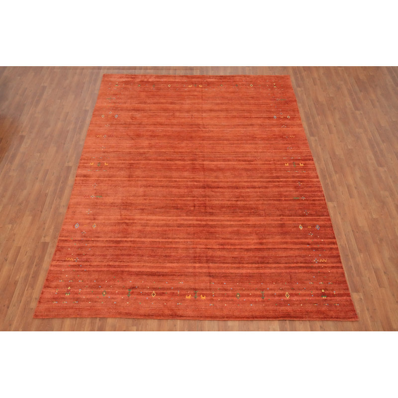 Élégant tapis orange de style Gabbeh 9 x 12 avec des bordures subtiles