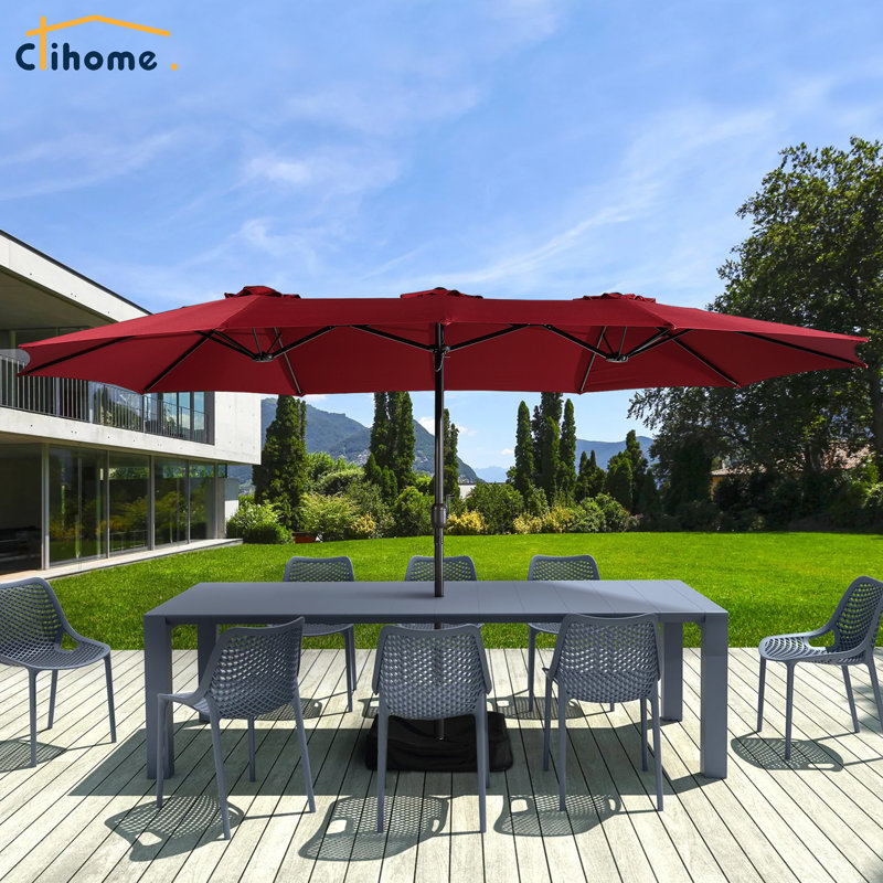 15 Ft Red Steel Market Patio Umbrella with Base