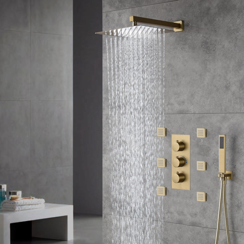 Revitalize 12 Inch Luxury Thermostatic Complete Shower System with Rough-in Valve, Brushed Gold