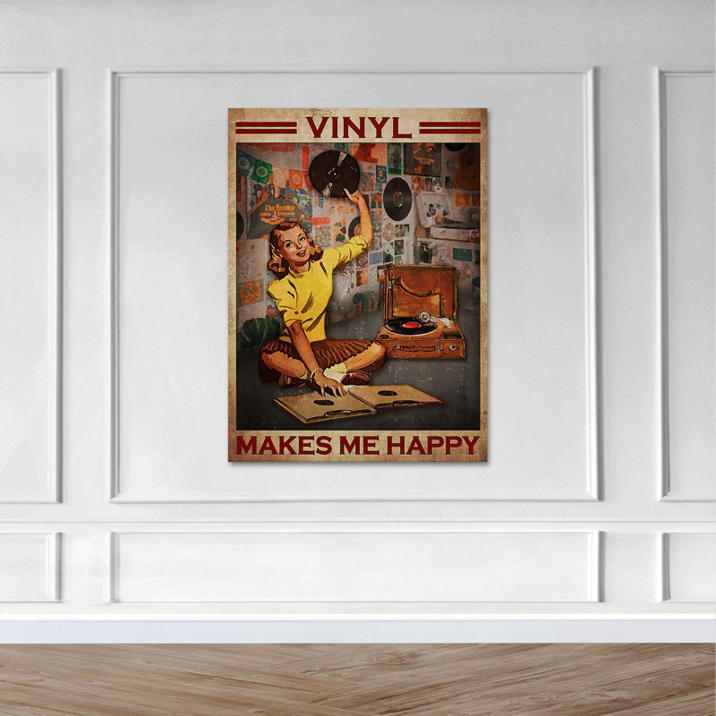 Fille avec disque vinyle - Toile tendue avec châssis en vinyle - Illustration musicale, décor de salon brun et jaune