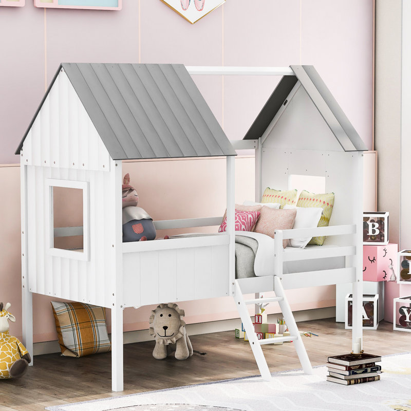 Lit mezzanine simple de taille simple avec fenêtres latérales - Structure de jeu en bois de pin blanc et gris