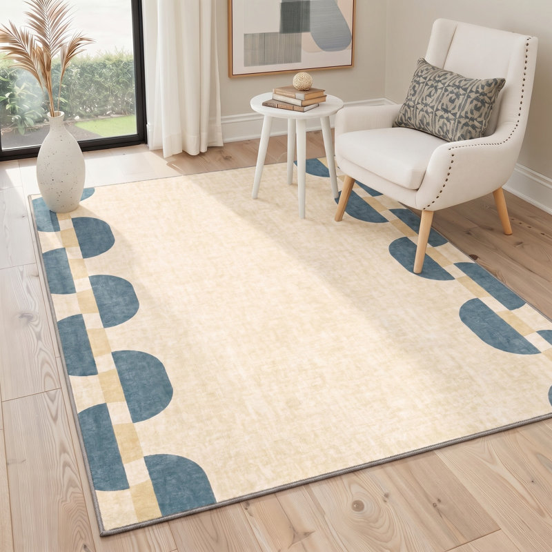 Tapis géométrique ivoire / bleu lavable à la machine avec envers antidérapant, Rectangle 9 pi x 12 pi