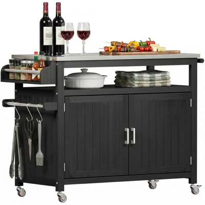 43" Outdoor Kitchen Island Grill Cart with Stainless Steel Top and Locking Wheels