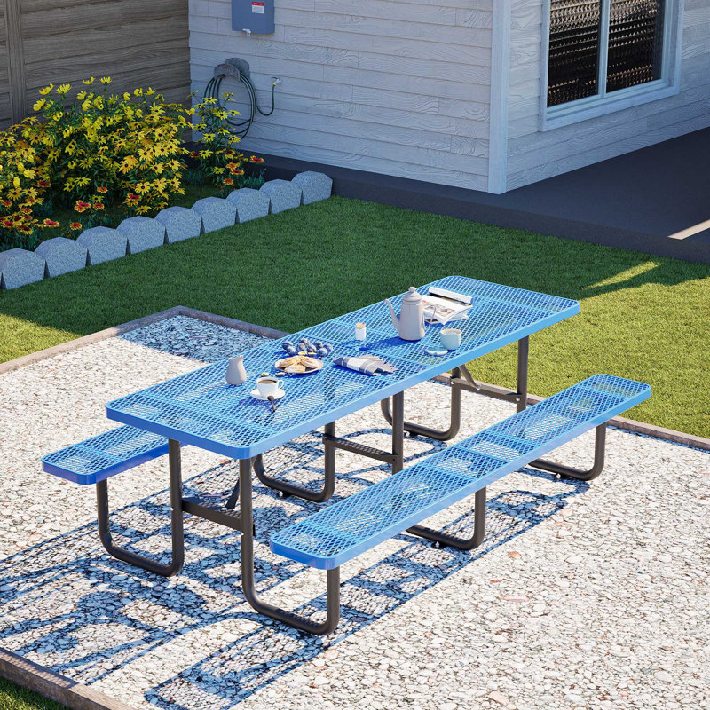 Table de pique-nique en métal robuste pour 10 personnes, salle à manger extérieure avec trou pour parasol, structure en acier galvanisé antirouille, 882 lb, plateau en filet