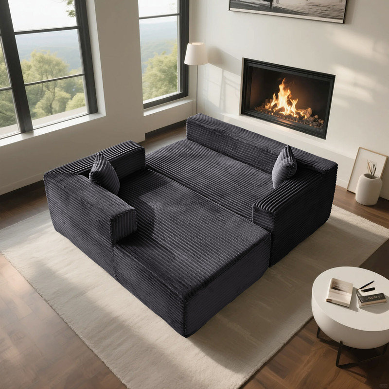 Boneless Modular Corduroy L-Shaped Sectional Sofa with Minimalist Design, Black Corduroy