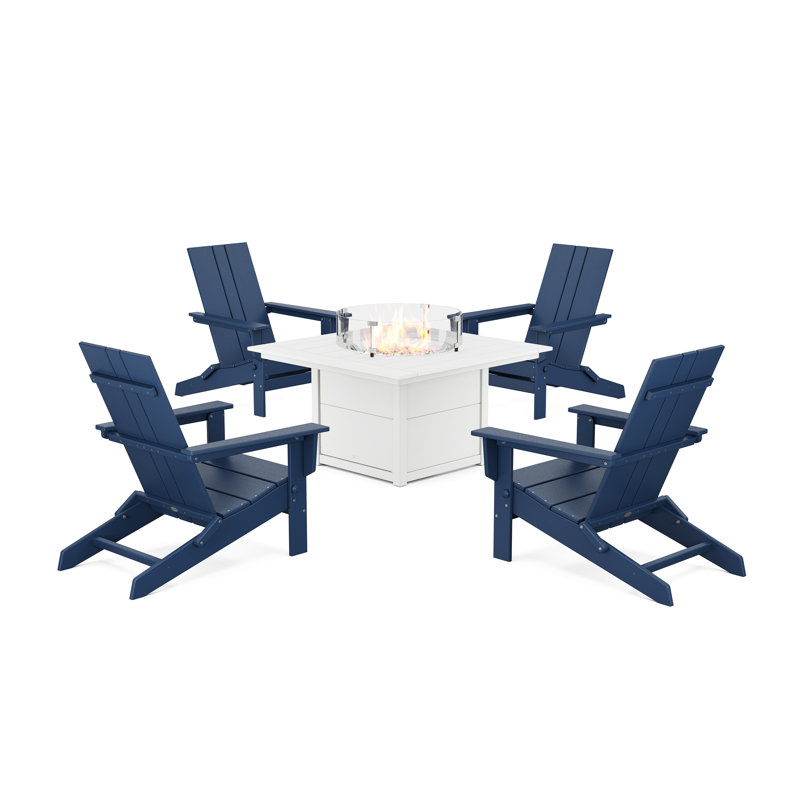 POLYWOOD x ALLModern Foldable Outdoor Adirondack Chair With Table, Navy/White