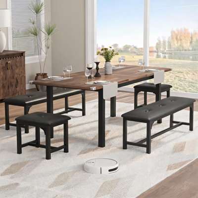 47.3''-63'' Extendable Rectangular Dining Table Set for 6, Industrial Kitchen Table with 2 Upholstered Benches & 2 Stool, Compact Dining Room Furnitur