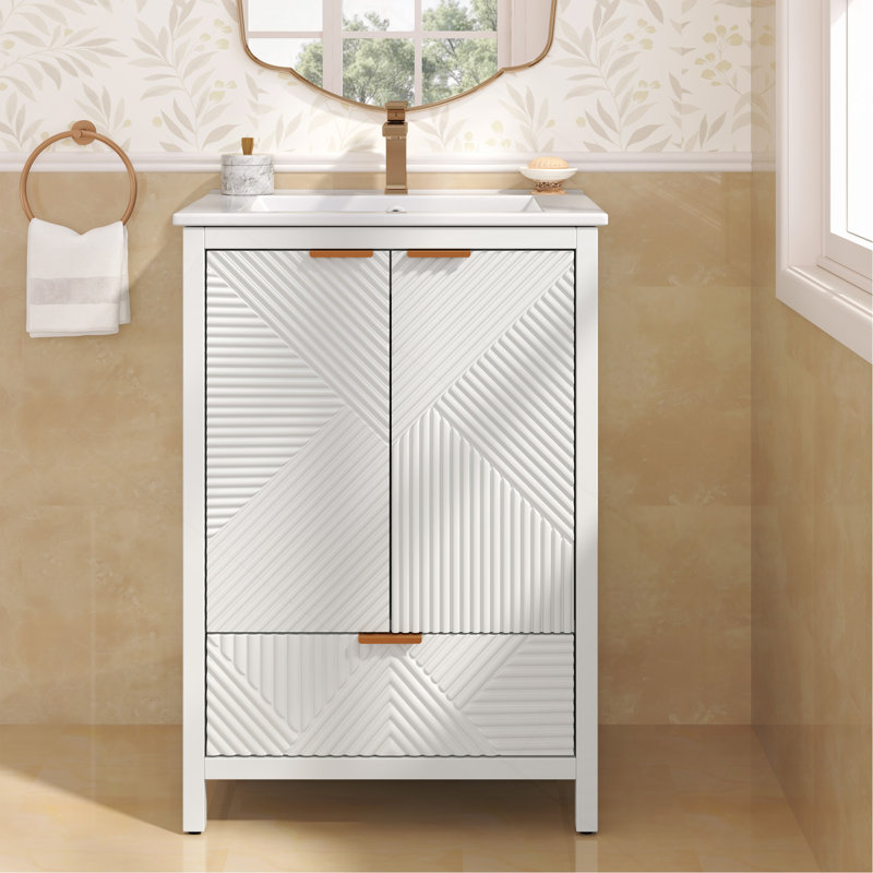 Ensemble de meuble-lavabo 24 po avec lavabo, trou de robinet simple, panneaux de porte texturés et tiroir, pieds en pin, grand espace de rangement et charnières à fermeture douce, blanc