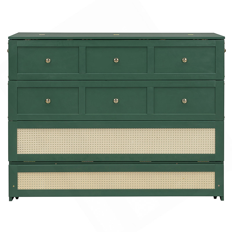 Lit escamotable pleine grandeur avec grands tiroirs de rangement, armoire de lit murale peu encombrante avec design en rotin et capacité de poids de 350 lb, lit pliable classique