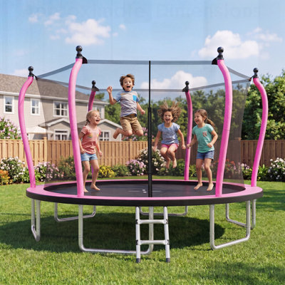 Trampoline rond extérieur avec filet d'enclos et poteaux courbés pour un exercice familial sécuritaire et amusant, idéal pour les loisirs dans la cour