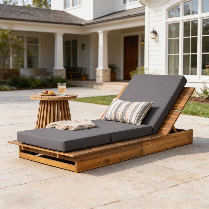 Large méridienne en bois d'acacia avec coussin amovible gris foncé à 3 volets