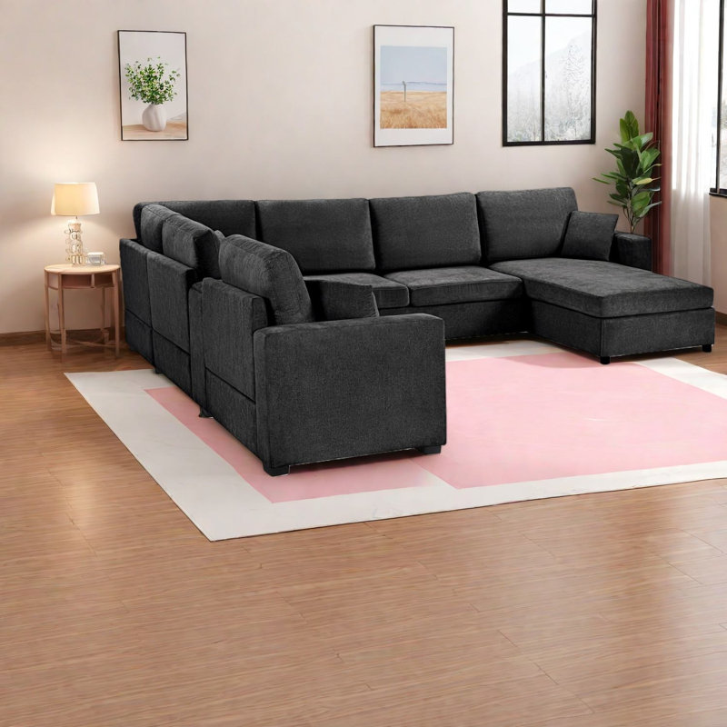 à 3 places noir modulaire, tissu chenille, confort de salon moderne