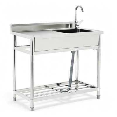 Freestanding 304 Stainless Steel Single Bowl Utility Sink with Hot & Cold Faucet, Adjustable Legs, Workbench & Storage Shelves for Garage, Laundry Room, Garden and Outdoor Use