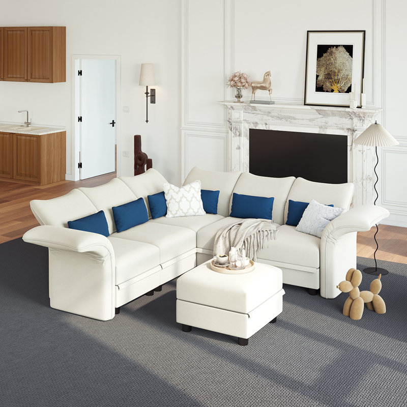 Canapé modulaire à méridienne rembourré 6 pièces Ahren, Velours beige