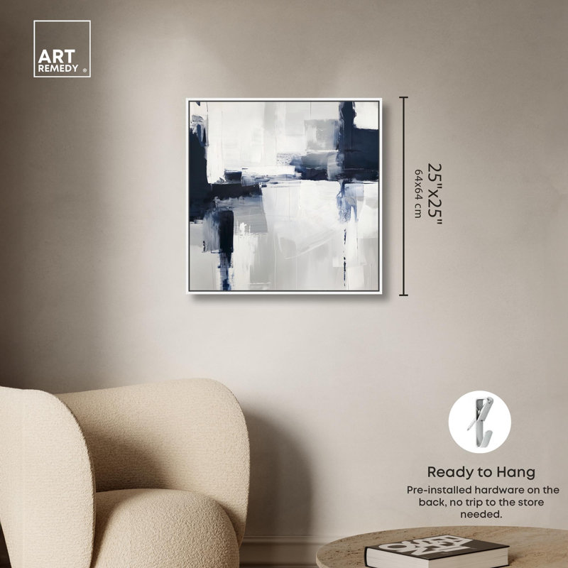 «Blue Cascades on Still White», art mural bleu par , H 25 po x l 25 po, Cadre flottant blanc